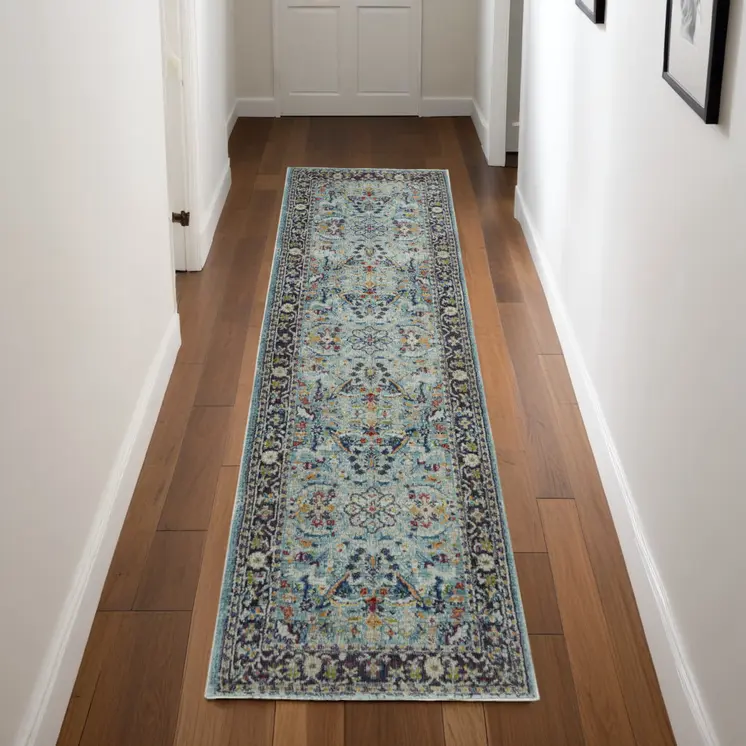 8' Teal Blue Orange and Black Floral Distressed Non Skid Runner Rug