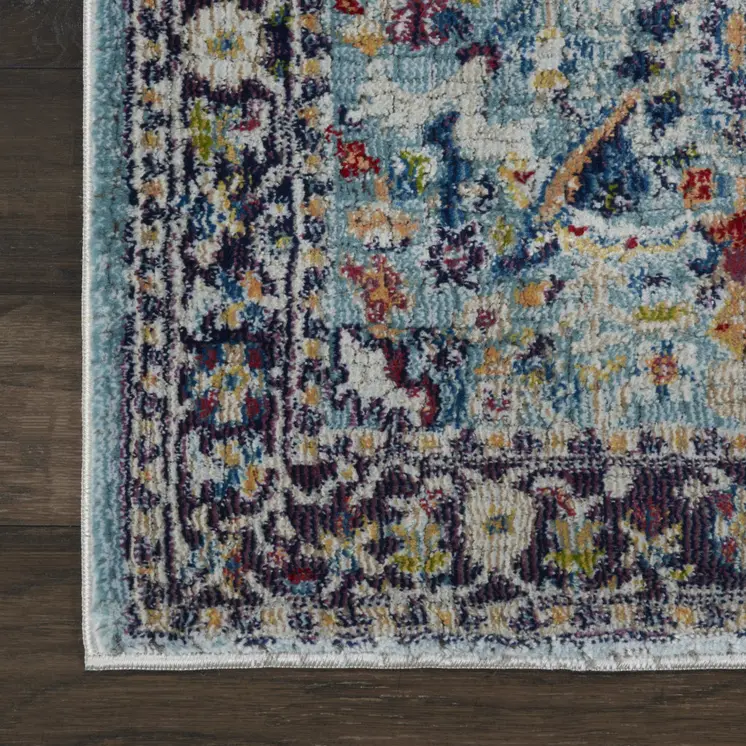 8' Teal Blue Orange and Black Floral Distressed Non Skid Runner Rug