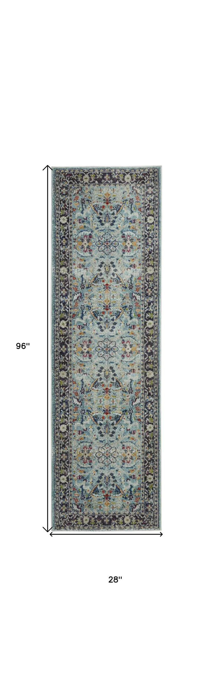8' Teal Blue Orange and Black Floral Distressed Non Skid Runner Rug