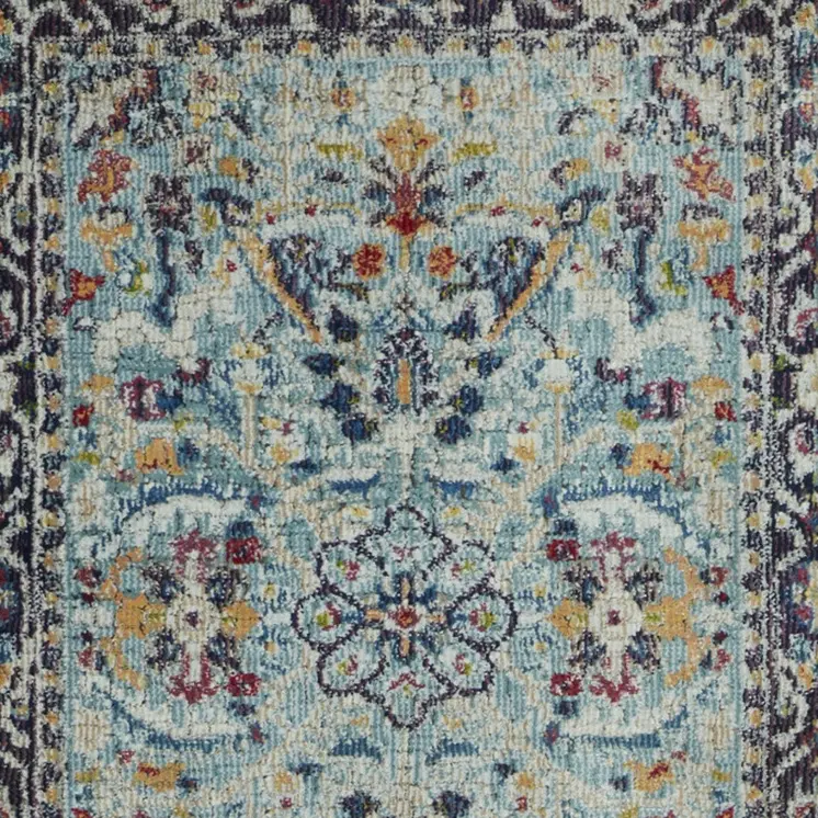 8' Teal Blue Orange and Black Floral Distressed Non Skid Runner Rug