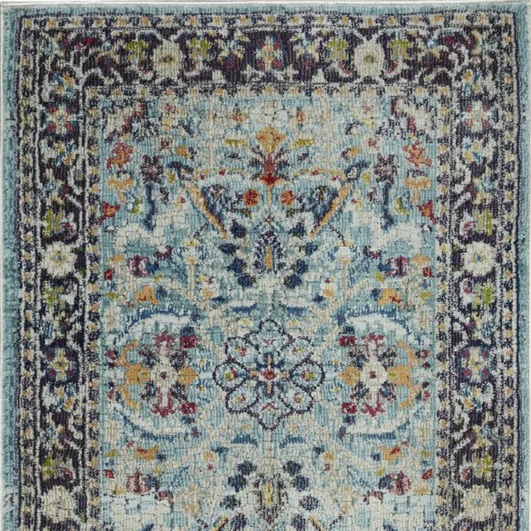 8' Teal Blue Orange and Black Floral Distressed Non Skid Runner Rug