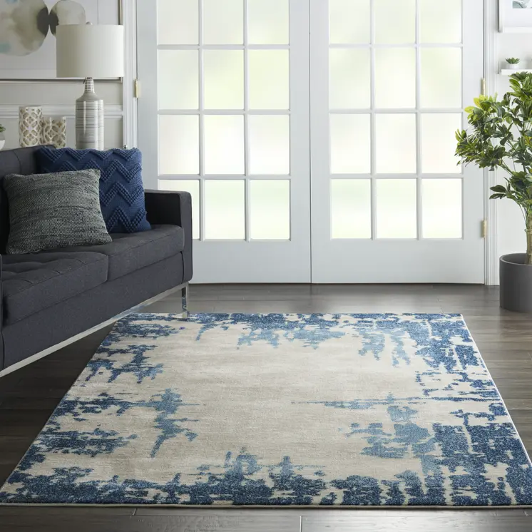5' X 7' Blue and Ivory Abstract Distressed Non Skid Area Rug