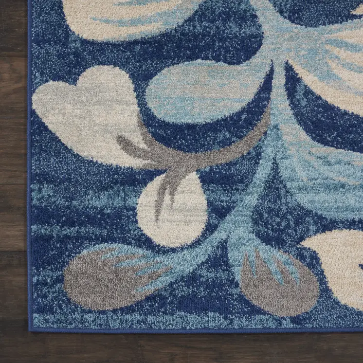 8' X 10' Navy Blue and Beige Botanical Leaves Area Rug