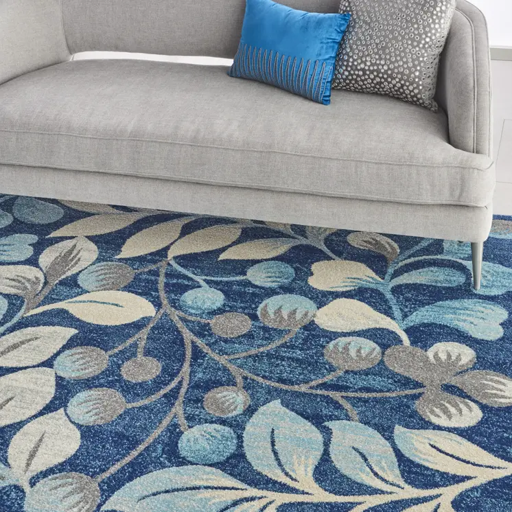 8' X 10' Navy Blue and Beige Botanical Leaves Area Rug