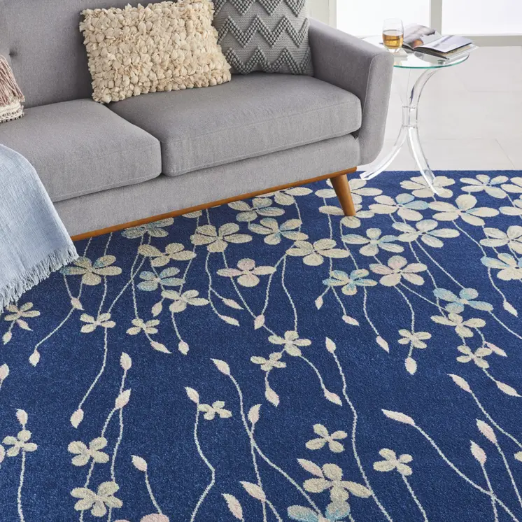 8' X 10' Navy Blue and Ivory Floral Area Rug