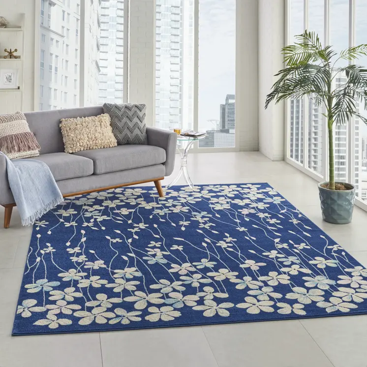 8' X 10' Navy Blue and Ivory Floral Area Rug