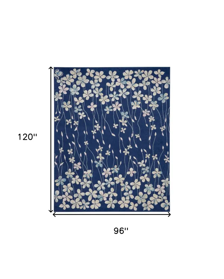 8' X 10' Navy Blue and Ivory Floral Area Rug