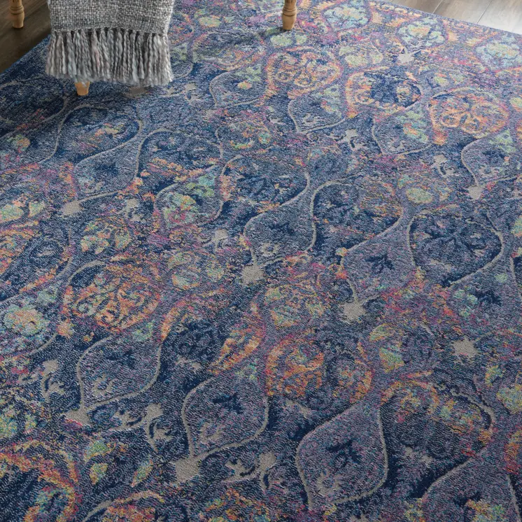 5' X 8' Navy Blue and Orange Ogee Distressed Non Skid Area Rug