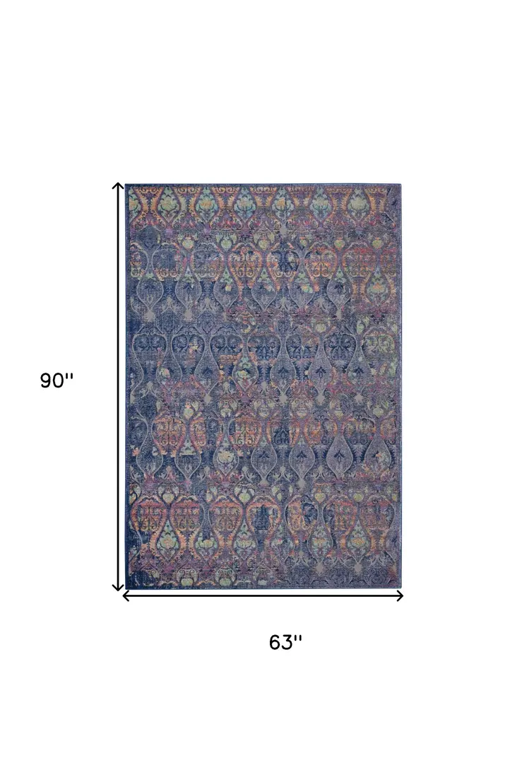 5' X 8' Navy Blue and Orange Ogee Distressed Non Skid Area Rug