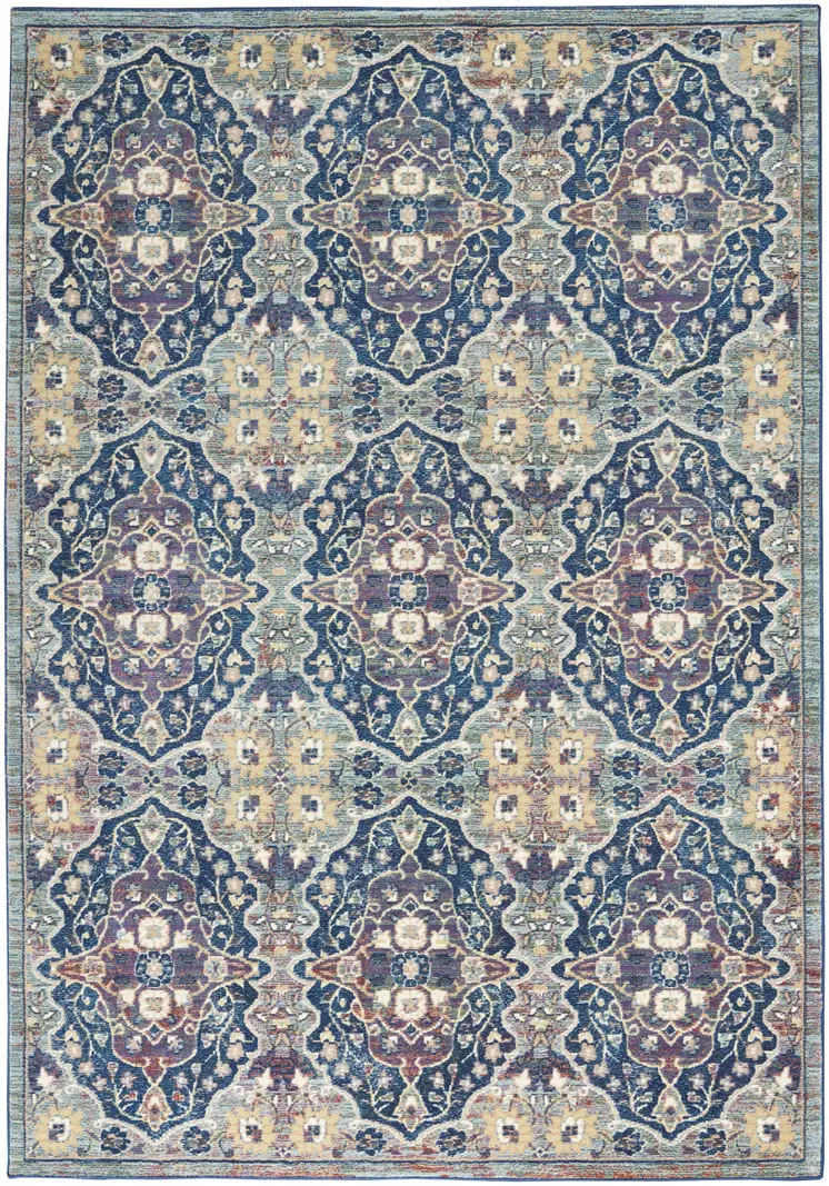5' X 8' Ivory Navy Blue and Yellow Floral Distressed Non Skid Area Rug