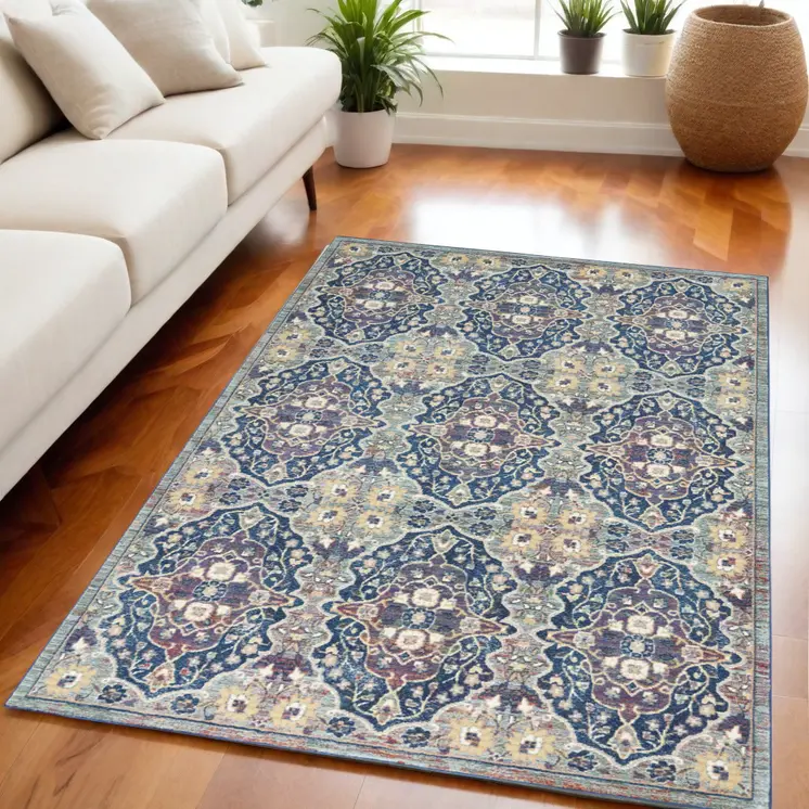 5' X 8' Ivory Navy Blue and Yellow Floral Distressed Non Skid Area Rug