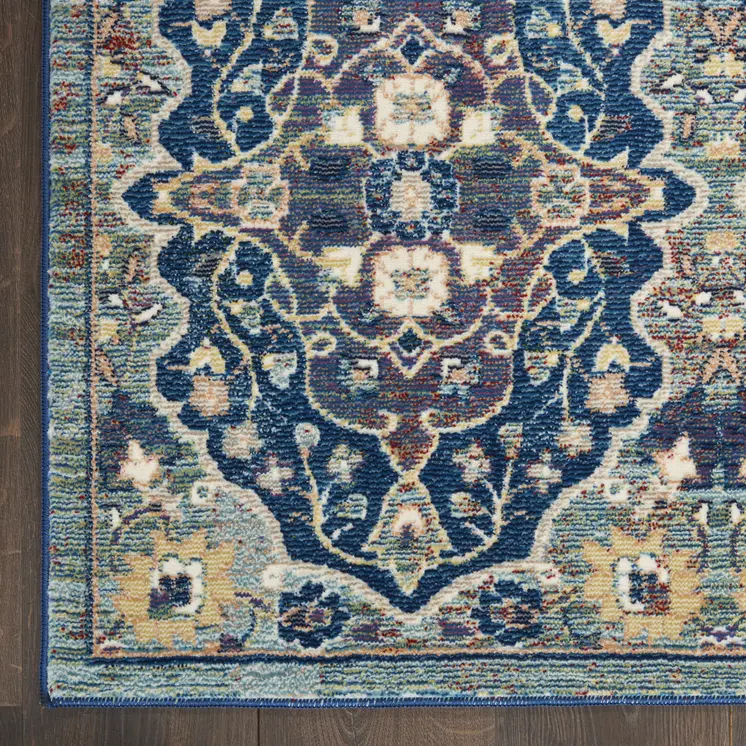 5' X 8' Ivory Navy Blue and Yellow Floral Distressed Non Skid Area Rug