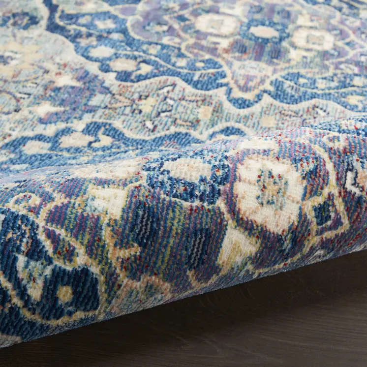 5' X 8' Ivory Navy Blue and Yellow Floral Distressed Non Skid Area Rug