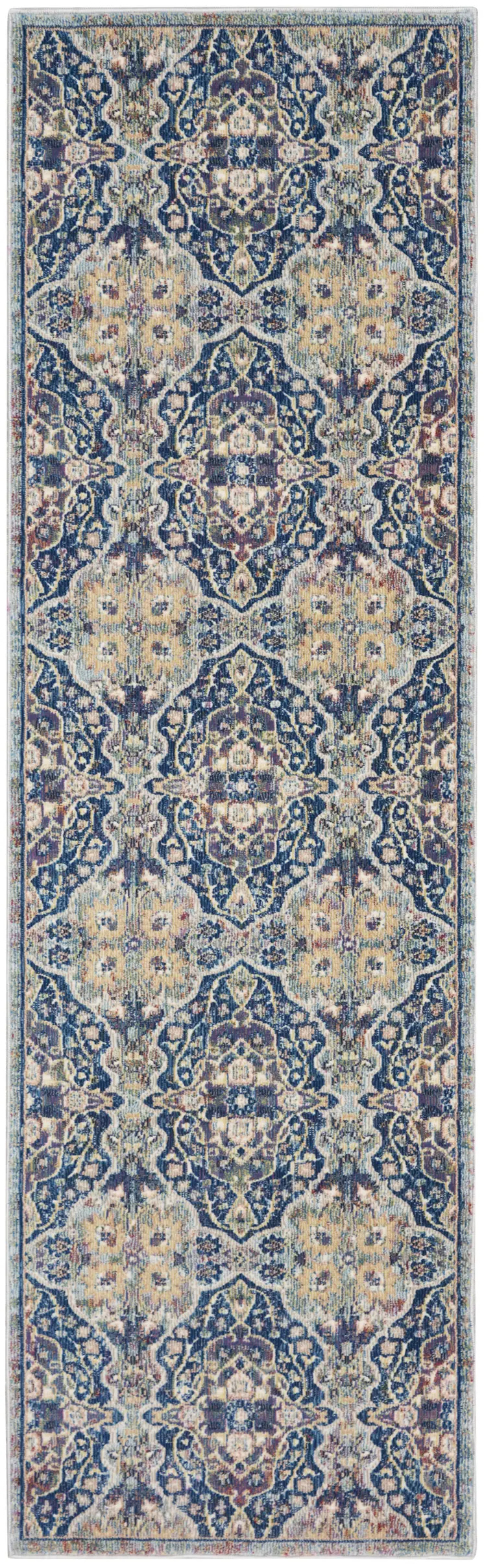8' Ivory Navy Blue and Yellow Floral Distressed Non Skid Runner Rug