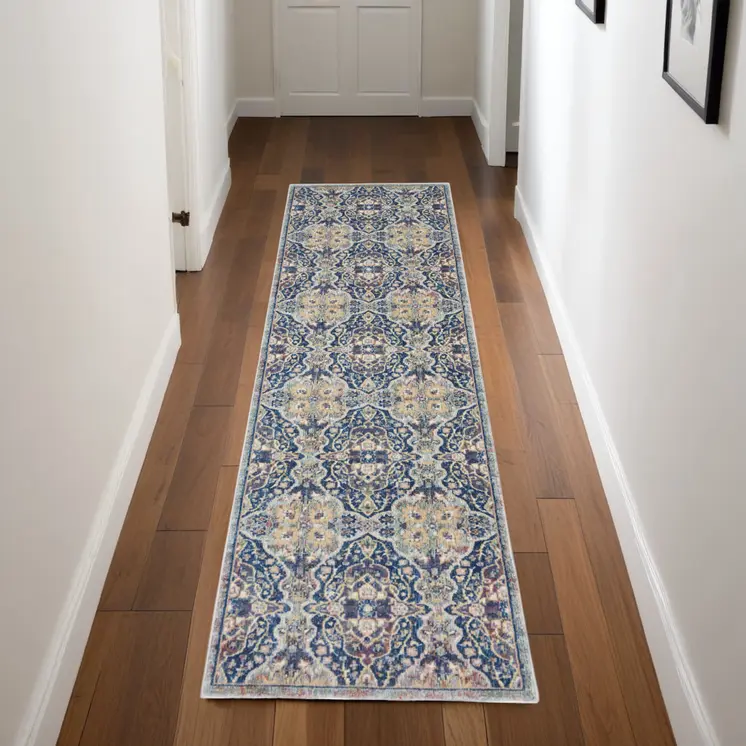 8' Ivory Navy Blue and Yellow Floral Distressed Non Skid Runner Rug