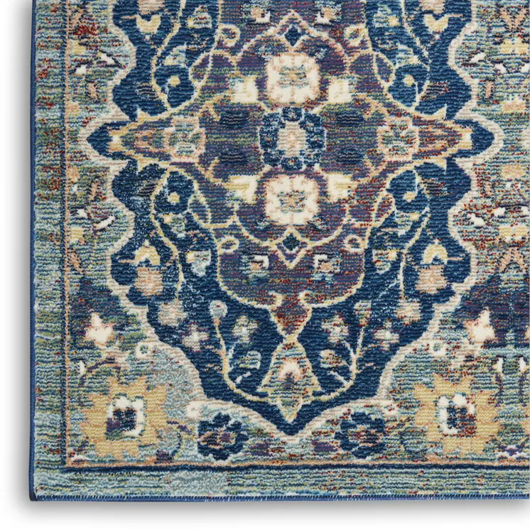 8' Ivory Navy Blue and Yellow Floral Distressed Non Skid Runner Rug