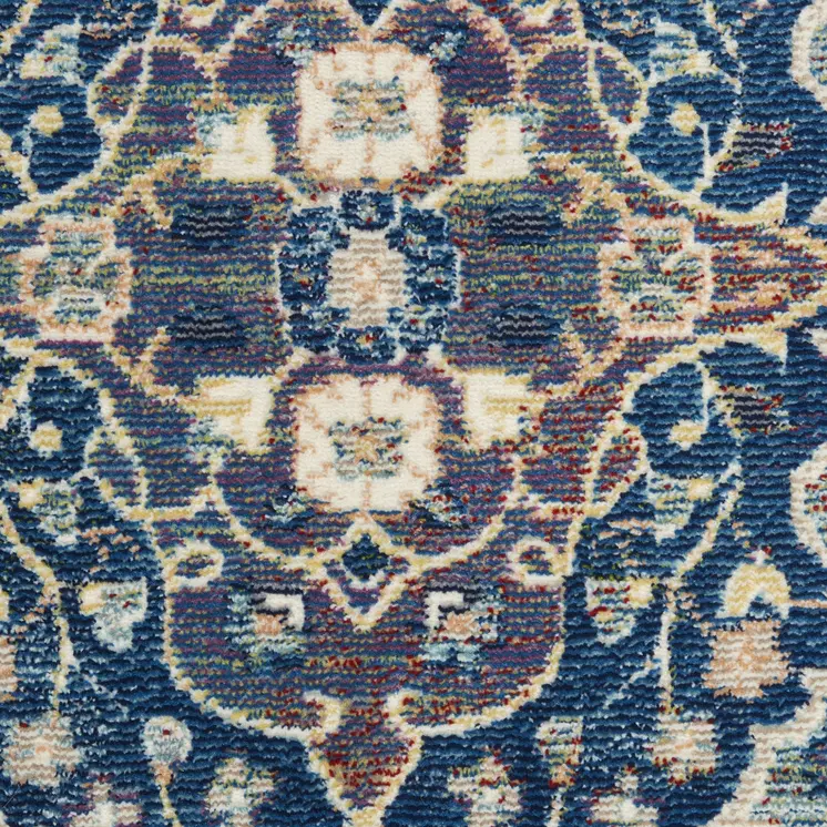 8' Ivory Navy Blue and Yellow Floral Distressed Non Skid Runner Rug