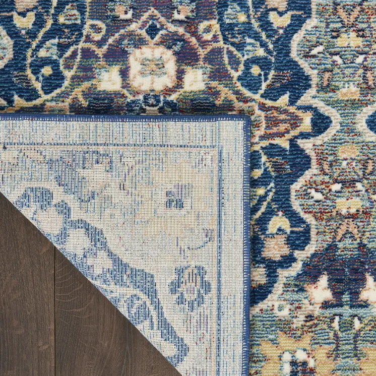8' Ivory Navy Blue and Yellow Floral Distressed Non Skid Runner Rug