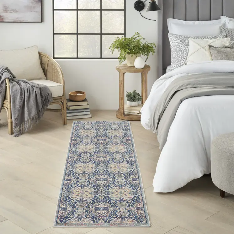 8' Ivory Navy Blue and Yellow Floral Distressed Non Skid Runner Rug