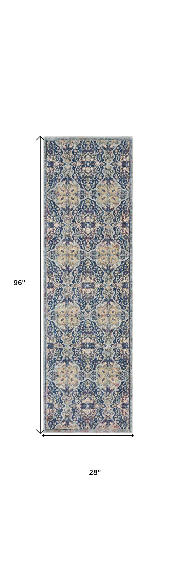 8' Ivory Navy Blue and Yellow Floral Distressed Non Skid Runner Rug