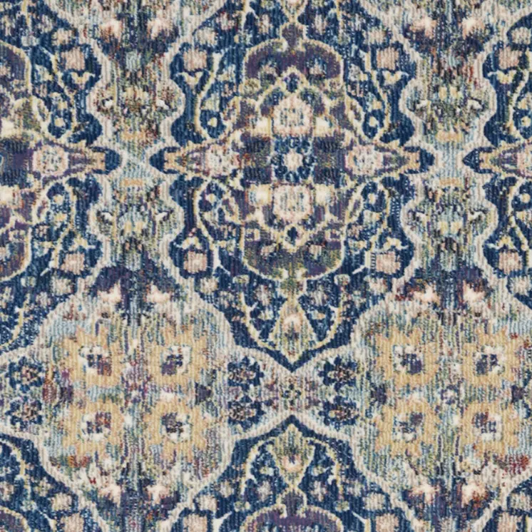 8' Ivory Navy Blue and Yellow Floral Distressed Non Skid Runner Rug