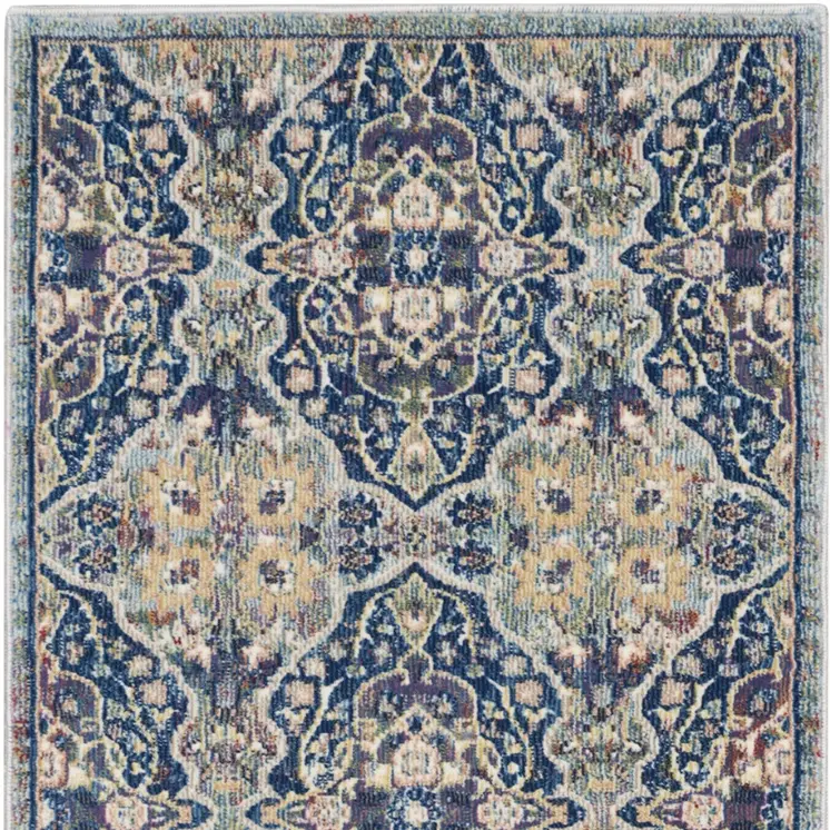 8' Ivory Navy Blue and Yellow Floral Distressed Non Skid Runner Rug