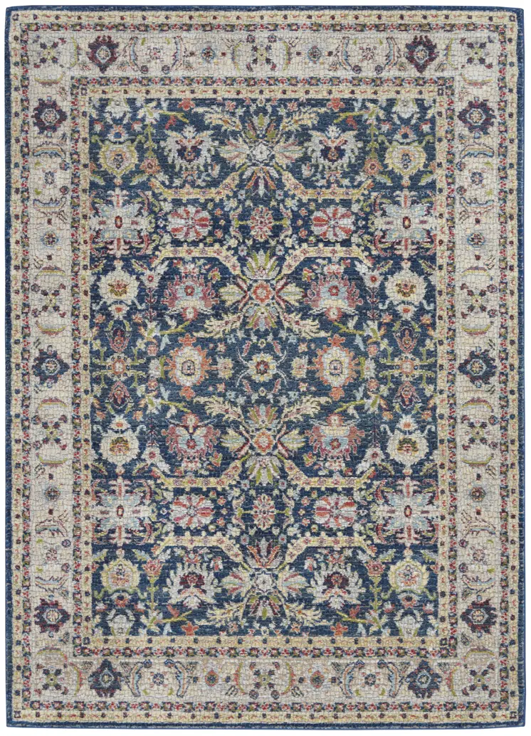 5' X 8' Navy Blue and Yellow Floral Distressed Non Skid Area Rug