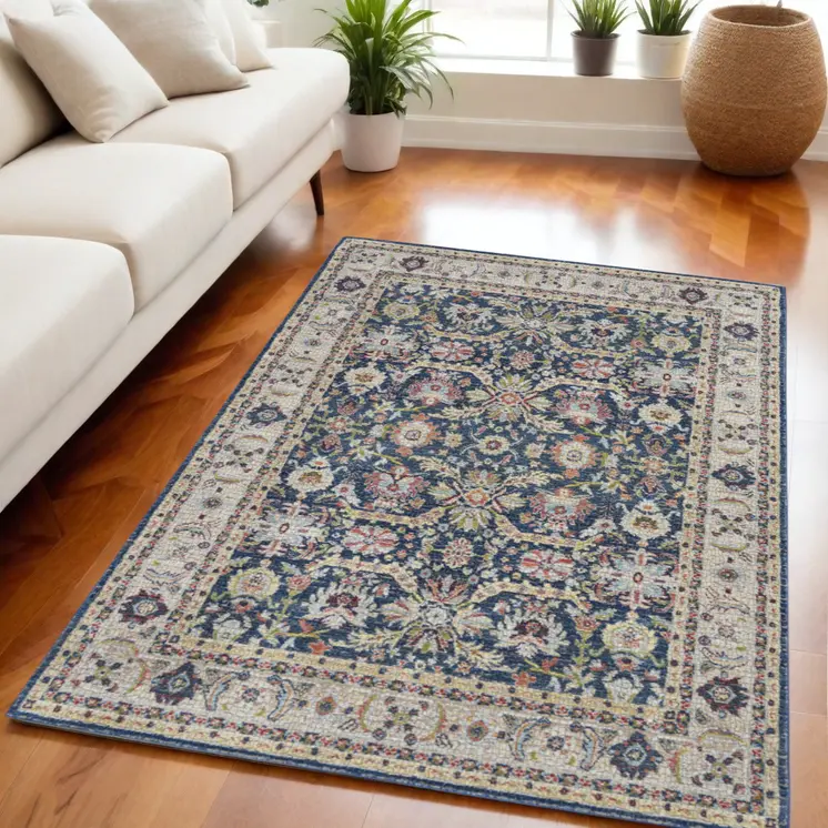 5' X 8' Navy Blue and Yellow Floral Distressed Non Skid Area Rug