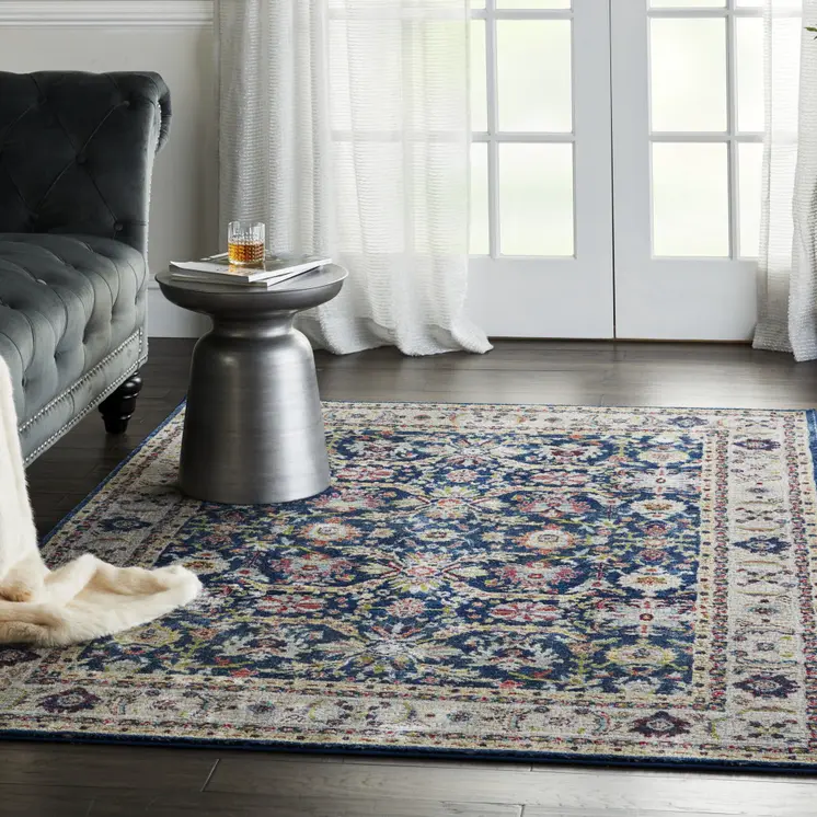 5' X 8' Navy Blue and Yellow Floral Distressed Non Skid Area Rug