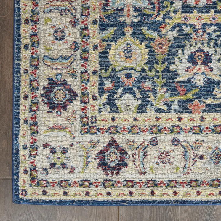 5' X 8' Navy Blue and Yellow Floral Distressed Non Skid Area Rug