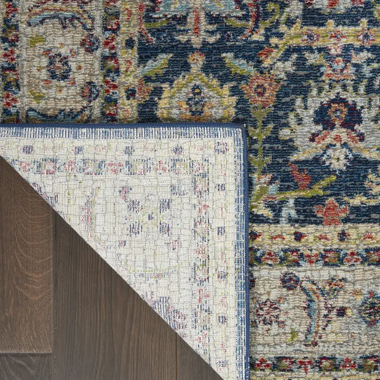 5' X 8' Navy Blue and Yellow Floral Distressed Non Skid Area Rug