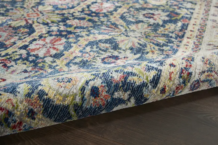 5' X 8' Navy Blue and Yellow Floral Distressed Non Skid Area Rug