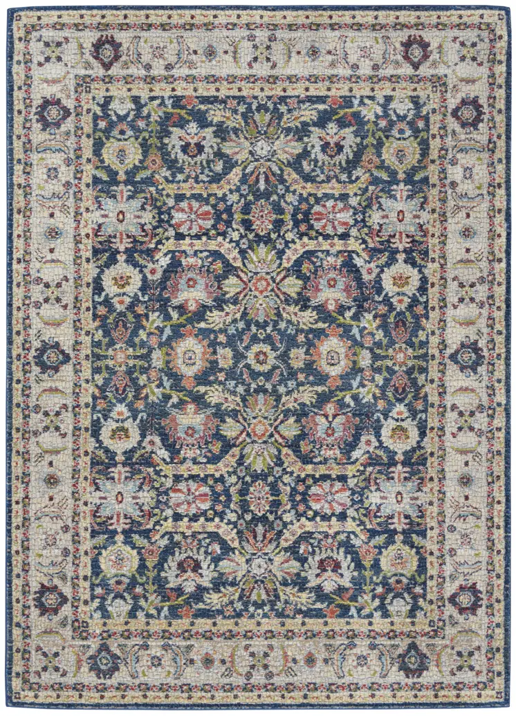 5' X 8' Navy Blue and Yellow Floral Distressed Non Skid Area Rug