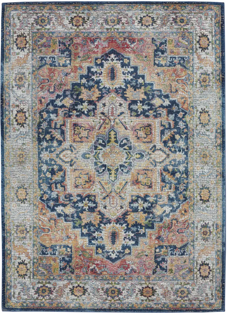 5' X 8' Ivory Blue and Orange Floral Medallion Distressed Non Skid Area Rug