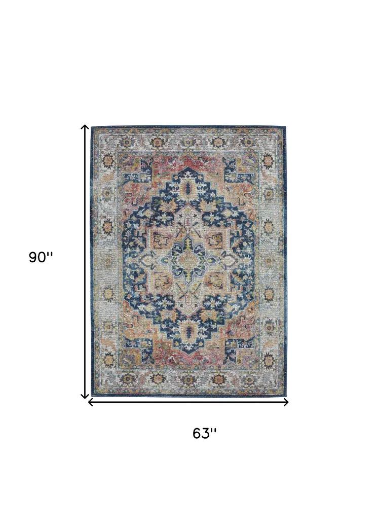5' X 8' Ivory Blue and Orange Floral Medallion Distressed Non Skid Area Rug