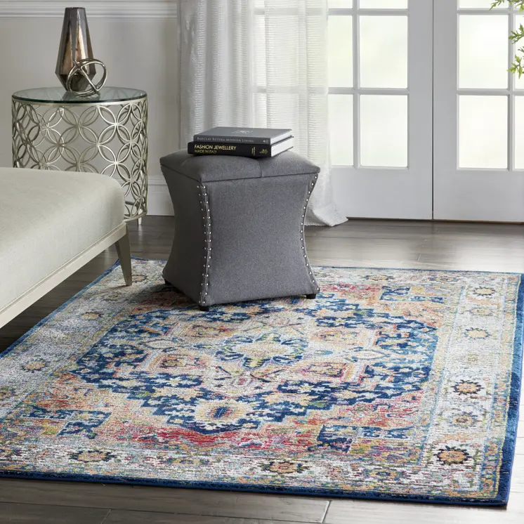 5' X 8' Ivory Blue and Orange Floral Medallion Distressed Non Skid Area Rug