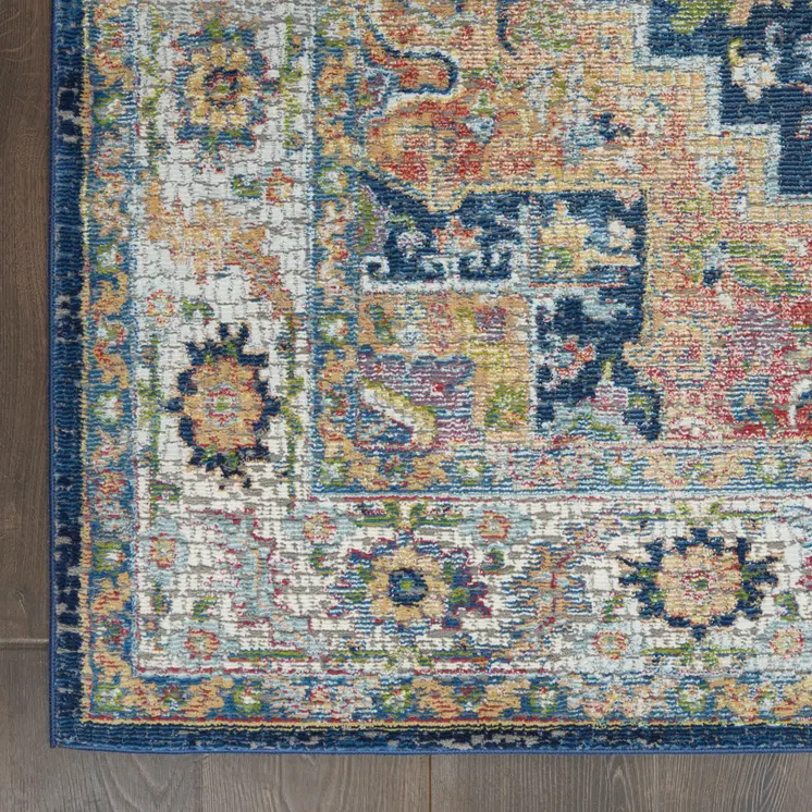 5' X 8' Ivory Blue and Orange Floral Medallion Distressed Non Skid Area Rug