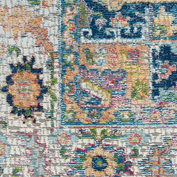 5' X 8' Ivory Blue and Orange Floral Medallion Distressed Non Skid Area Rug
