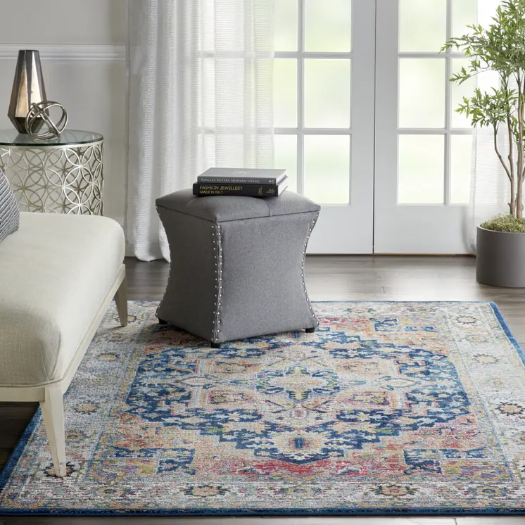 5' X 8' Ivory Blue and Orange Floral Medallion Distressed Non Skid Area Rug
