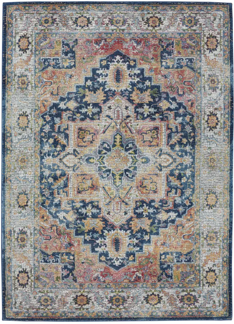 5' X 8' Ivory Blue and Orange Floral Medallion Distressed Non Skid Area Rug