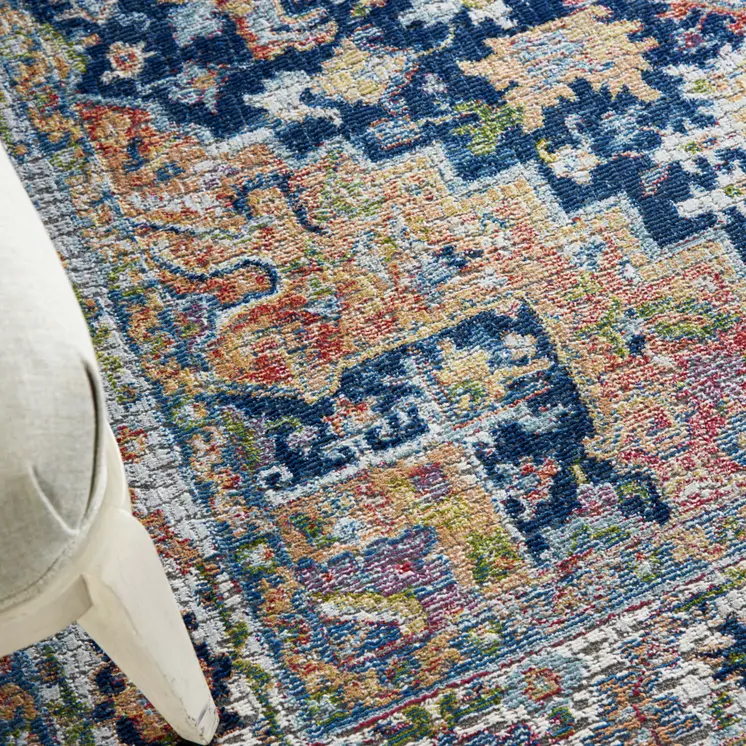 5' X 8' Ivory Blue and Orange Floral Medallion Distressed Non Skid Area Rug