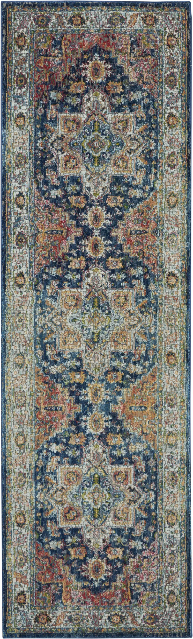 8' Ivory Blue and Orange Floral Distressed Non Skid Runner Rug