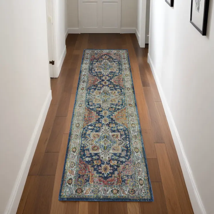 8' Ivory Blue and Orange Floral Distressed Non Skid Runner Rug