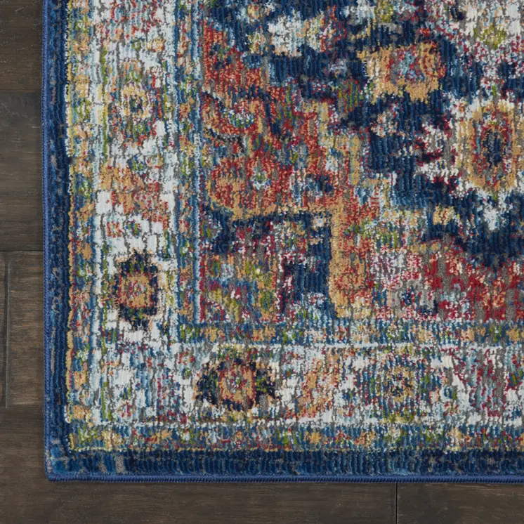 8' Ivory Blue and Orange Floral Distressed Non Skid Runner Rug