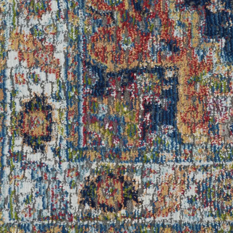 8' Ivory Blue and Orange Floral Distressed Non Skid Runner Rug