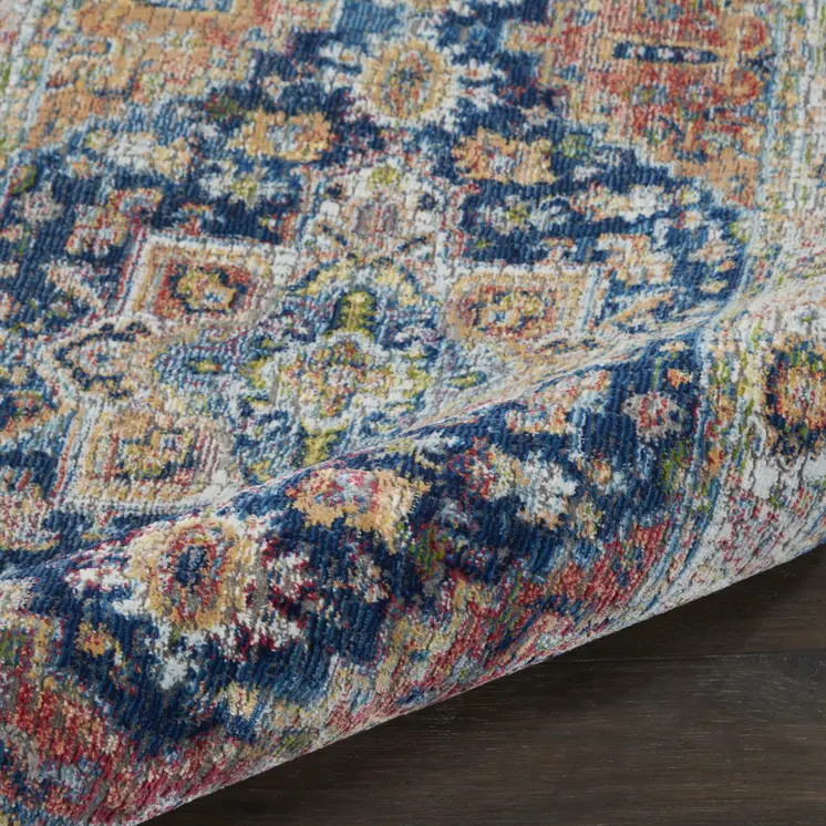 8' Ivory Blue and Orange Floral Distressed Non Skid Runner Rug