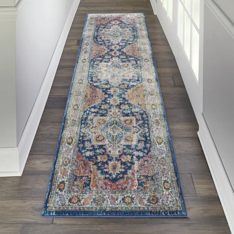 8' Ivory Blue and Orange Floral Distressed Non Skid Runner Rug