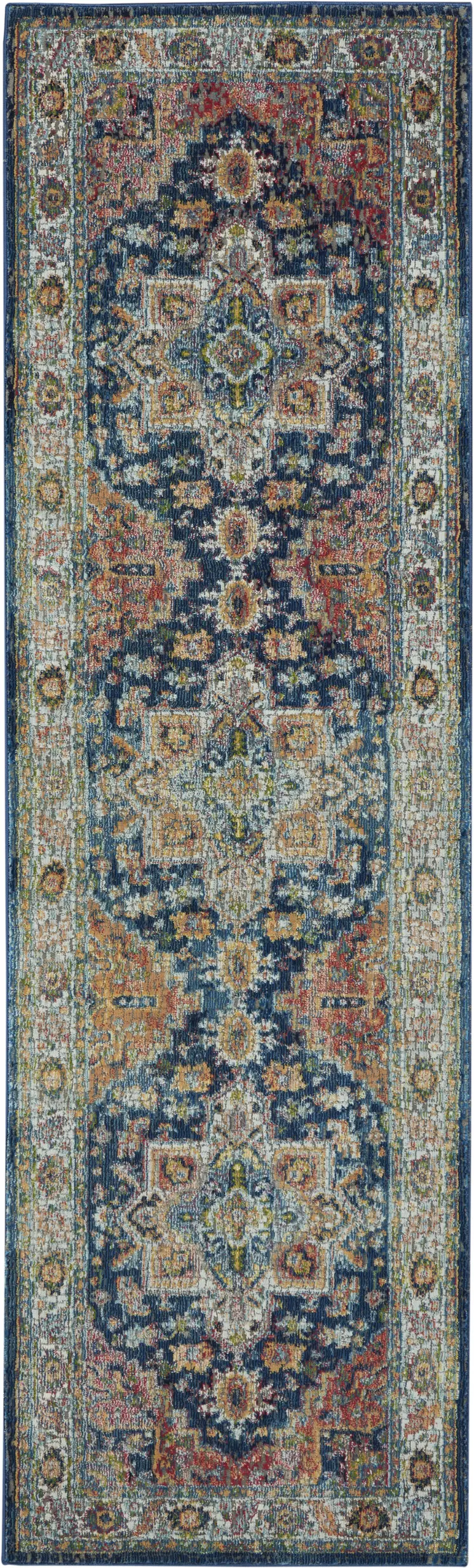 8' Ivory Blue and Orange Floral Distressed Non Skid Runner Rug
