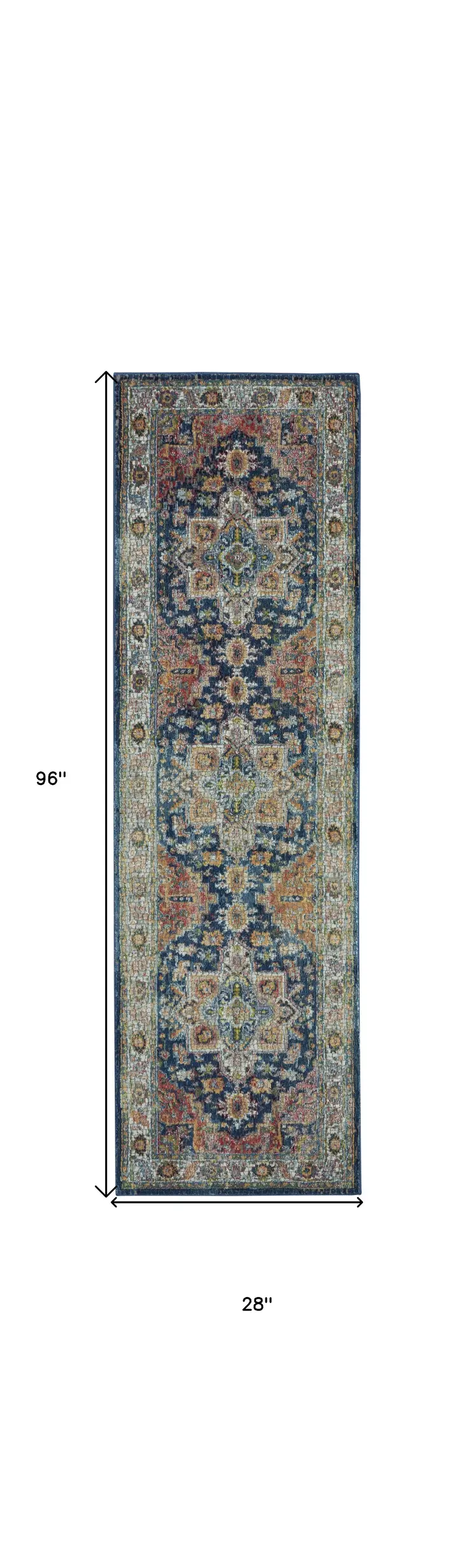 8' Ivory Blue and Orange Floral Distressed Non Skid Runner Rug