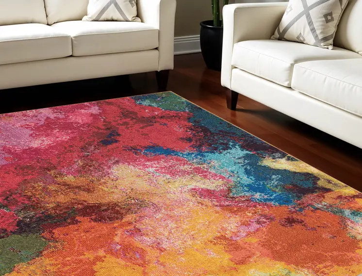 8' X 11' Navy Blue Red and Orange Abstract Non Skid Area Rug